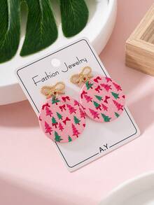1 Pair Christmas Bow & Christmas Tree Print Enamel Design Women's Fashion Jewelry Earrings, Perfect Gift For Party - Multicolor - View 2