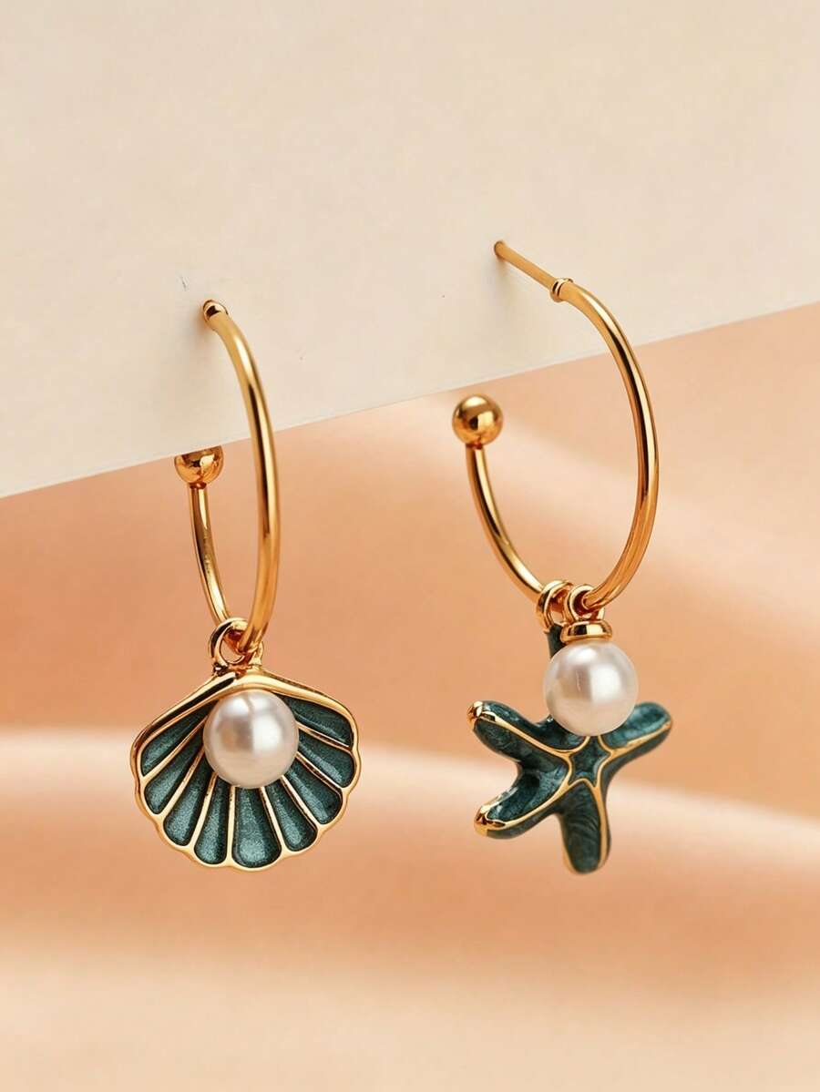 1 Pair Elegant Oil-Drip Starfish Shell Faux Pearl C-Hoop Dangle ...