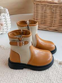 Kids' New Patchwork Boots, Leather & Fabric Colorblock Buckle Side Zipper Thick Sole Ankle Boots For Boys & Girls - Yellow - View 4