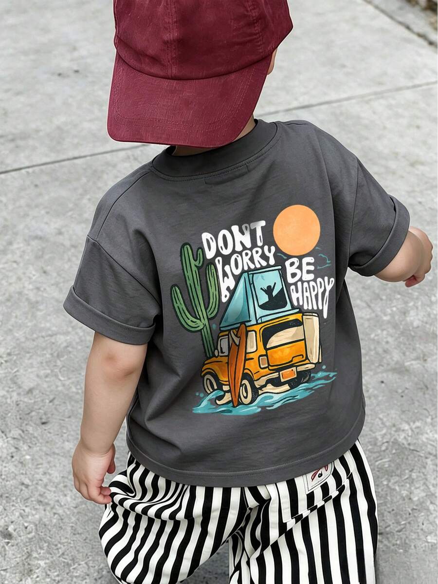 Baby Boy Coastal Adventure Surf Car & Slogan T-Shirt, Loose Fit Beige Short Sleeve T-Shirt - Dark Grey - View 1