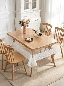1pc Rectangular Transparent PVC Tablecloth, Floral Embroidered Lace Trim, Waterproof Oil-Proof Easy To Clean Table Cover, Suitable For Dining Table, Home And Kitchen Decor - White - View 4