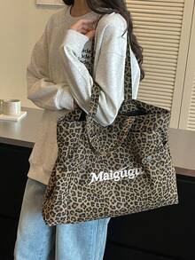 1pc Women Leopard Print Tote Bag Embroidered Letter Decor Multi‑Pocket Wide Strap Large Capacity Casual Shoulder Handbag - Multicolor - View 7