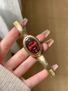1件女士橢圓形紅色錶盤金色手鍊錶帶極簡混色刻度石英手錶，時尚優雅，適合日常佩戴 - 金色 - 查看 6
