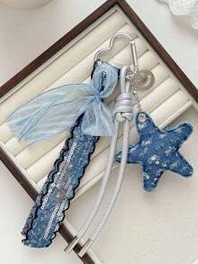 1pc Cute Denim Star Keychain, Sequin Star Bag Charm With Ribbon Bow And Carabiner Clip, Y2K Fashion Pendant For Backpack And Handbag - Multicolor - View 4