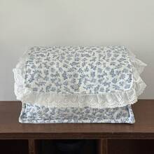 Cream White Base Blue Floral Quilted Storage Basket, Available In Multiple Sizes, Lace Ruffle Flap Design, Fabric Organizer Bin For Vanity Cosmetics - View 10