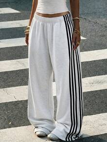 Women Wide Leg Sweatpants Grey, Casual Commute Drawstring Waist Long Pants, Autumn - Grey - View 4