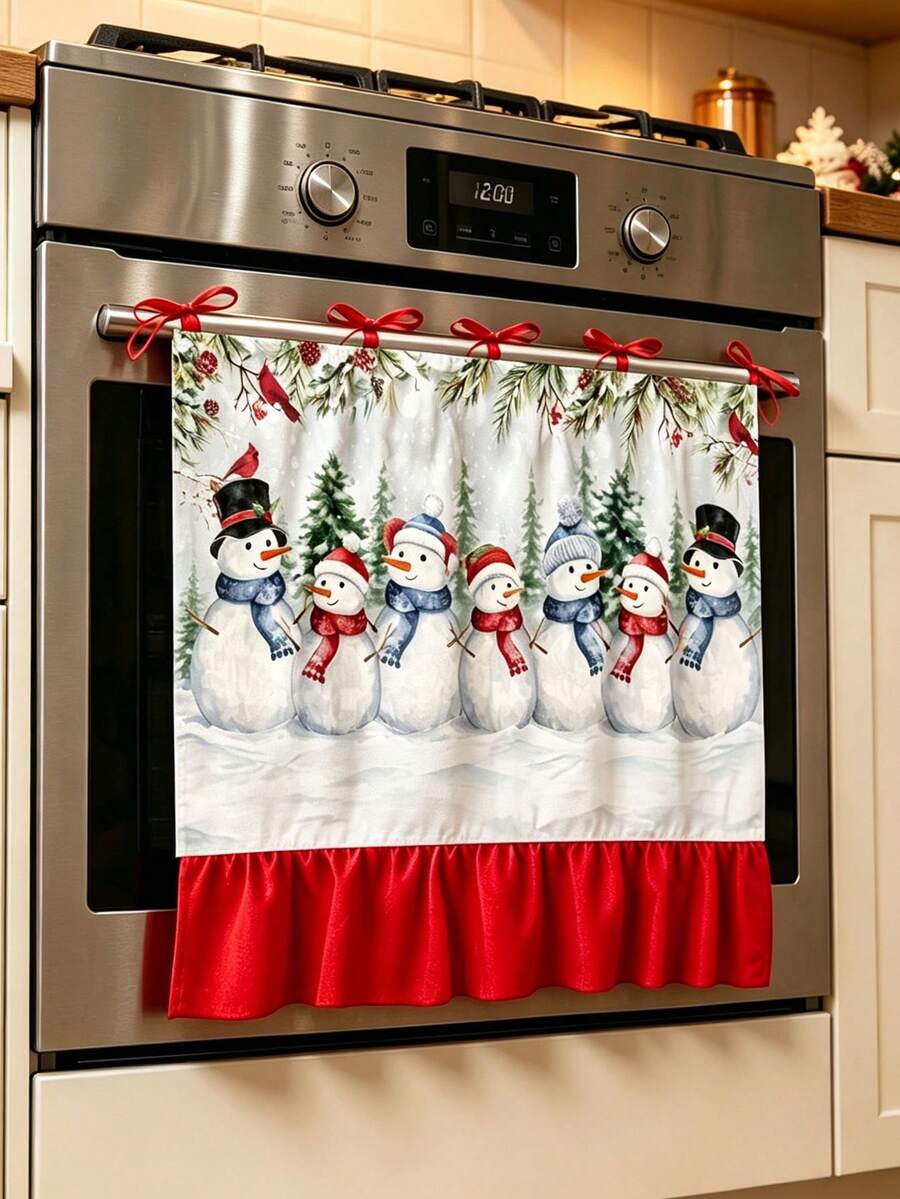 1pc Christmas Snowman Family Print Oven Door Curtain, With Ribbon Tie Top And Red Ruffle Trim, Short Kitchen Hanging Curtain, Decorative Cover Cloth, Suitable For Stove Oven, Kitchen Cabinet, Winter Farmhouse Christmas Home Decor - Snowman Family Stove Curtain - View 1