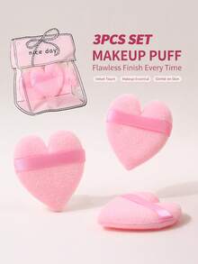 3Pcs Heart Shape Makeup Puff Set, Soft Velvet Face Powder Puff With Strap, Gentle Cosmetic Sponge For Loose Powder Foundation Blush - Pink - View 9