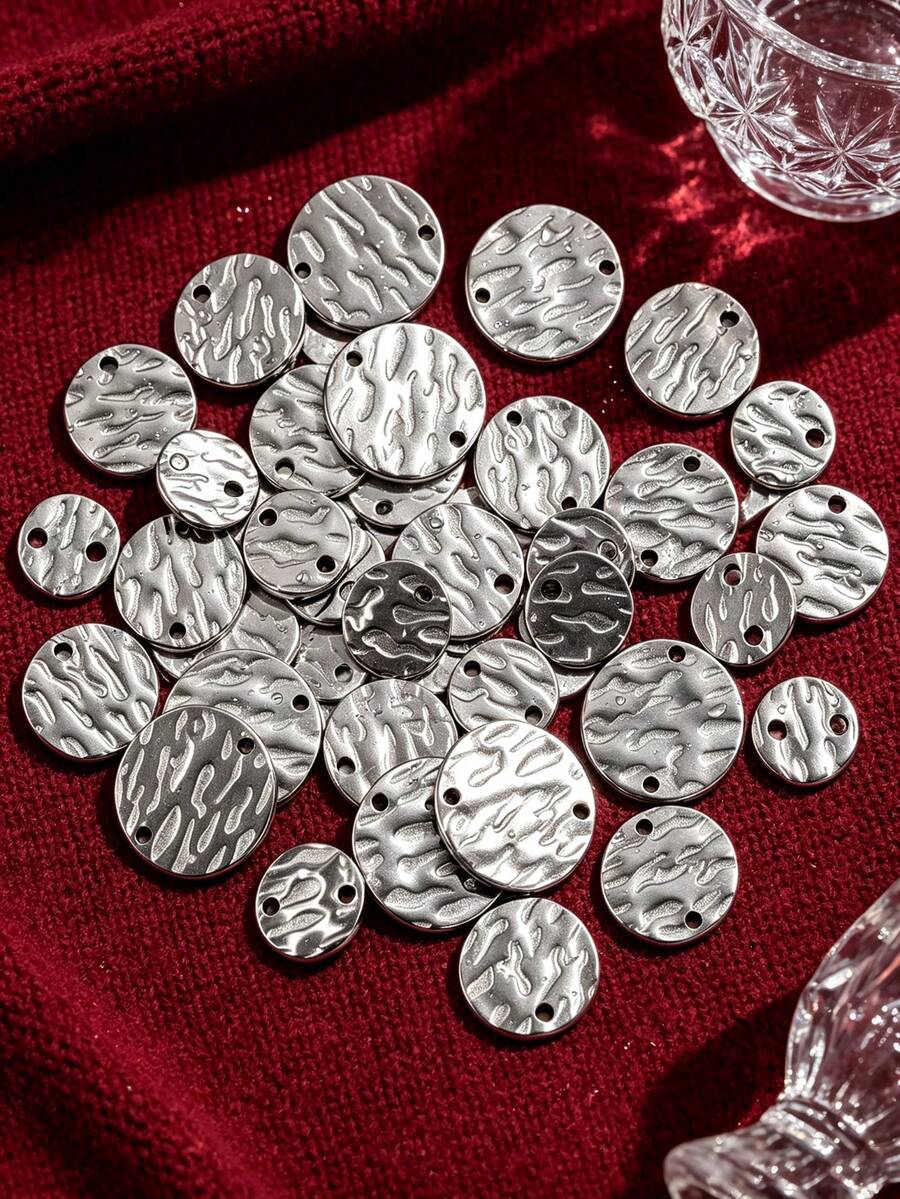20 Pcs Stainless‑Steel Hammered Textured Round Disc Pendants, Gold‑Plated Single & Double Hole Connector Charms, DIY Jewelry Craft Supplies - Silver - View 1