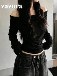 Korean Style Slimming Cold Shoulder Versatile Long Sleeve T-Shirt Top Autumn Clothing - Black - View 9