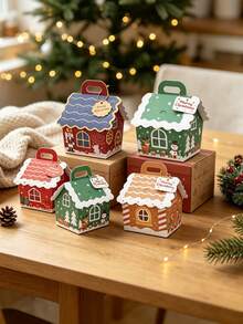 24Pcs Christmas House‑Shaped Gift Boxes, Xmas Candy Cookie Treat Boxes With Handle & Hang Tag, Winter Holiday Paper Goodie Containers For Party Favor Decoration - View 9