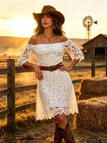 Vuslat Women's Autumn Fashion Casual Embroidered Hollow Off-Shoulder Short Dress, Suitable For Dating, Party, Back To School, Graduation, - White - View 2