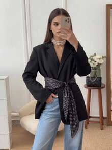 Women's Fashion Versatile Black Polyester Long Sleeve Blazer With Polka Dot Belt Design, Suitable For Daily Commute, Travel, Streetwear, Perfect For Elegant Autumn/Winter Outfits - Black - View 5