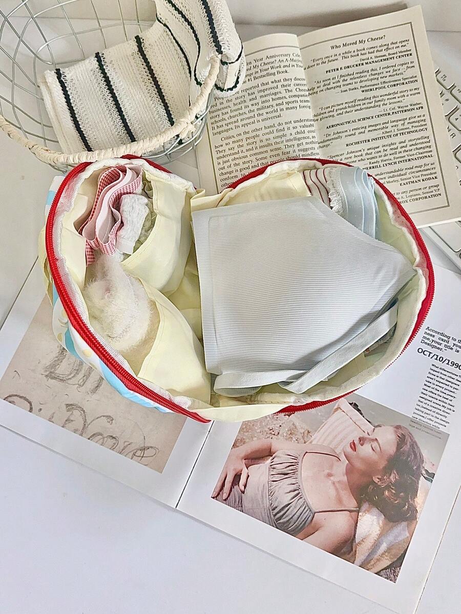 1Pc Beige Cute Cartoon Dog Plaid Drawstring Lightweight Portable Multipurpose Storage Organizer Bag Unisex For Cosmetics Toiletries Underwear Daily Travel Outdoor Activities - Multicolor - View 1