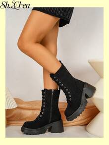 1 Pair Black Lace Up Side Zipper Platform Women Boots Winter Boots Fall Boots Street Daily Mid Calf Boots - Black - View 4