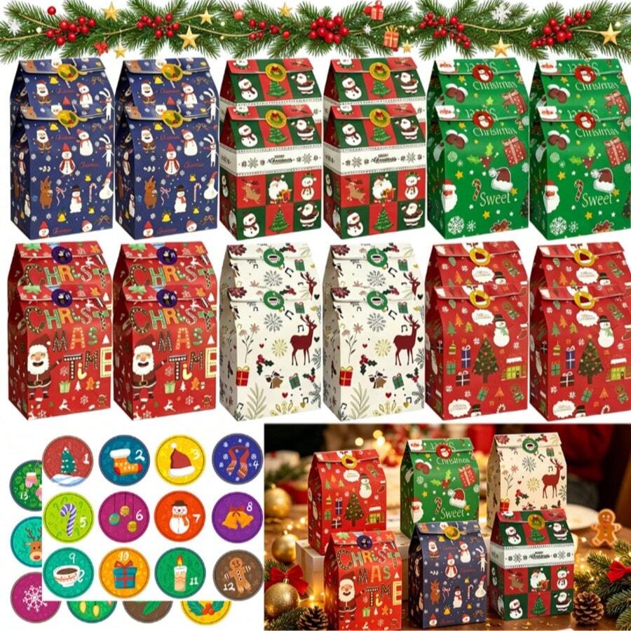 24 قطعة أكياس هدايا تقويم عيد الميلاد المجيد، أكياس تغليف العد التنازلي DIY ل- 24 يوم مع 24 قطعة ملصقات أرقام عيد الميلاد، أكياس هدايا لعيد الميلاد الشتوي وديكور حفلات العطلات - متعدد الألوان - مشاهدة 1