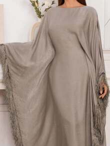 Middle East New Style Women's Arabic Fashion Abaya Long Dress, Exquisite Rhinestone Embellished Pullover Tassel Robe (Random Pattern) - Apricot - View 1