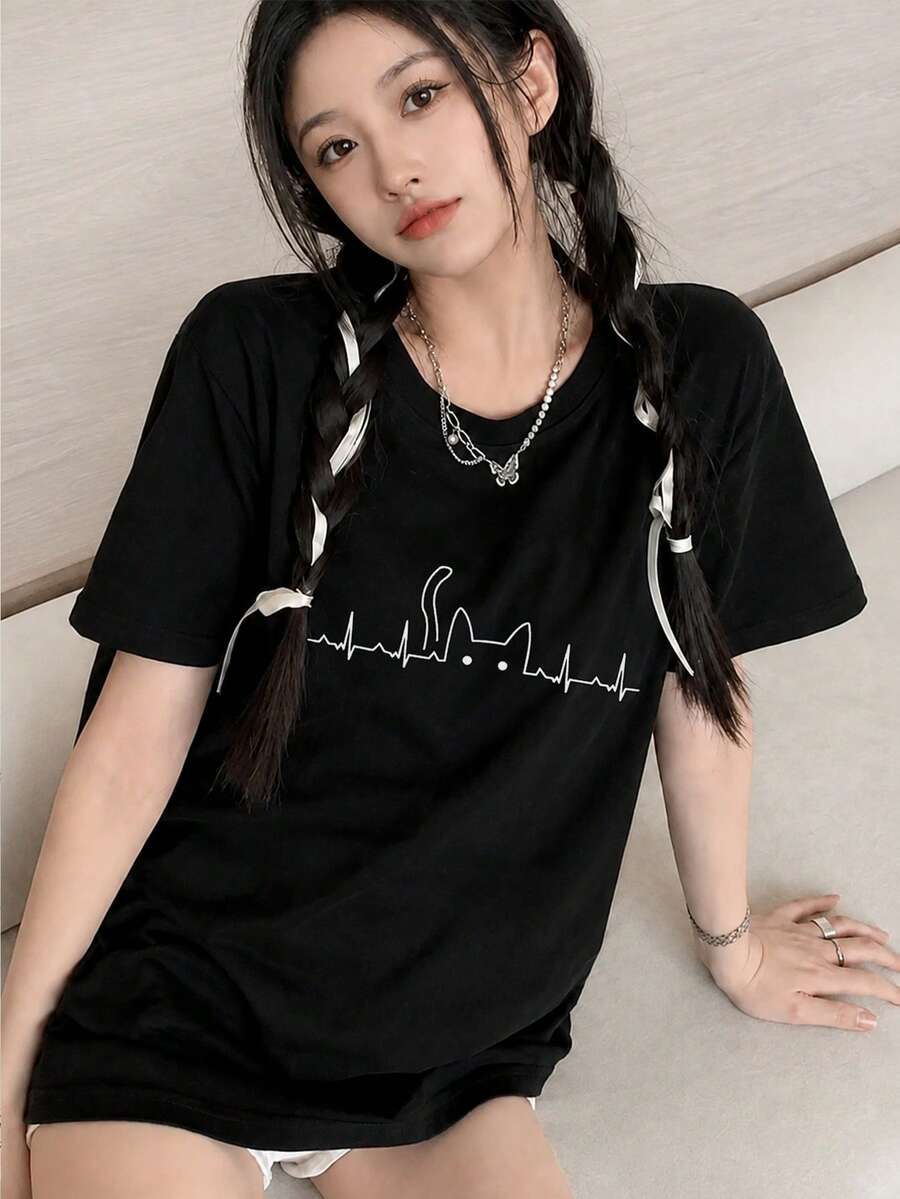 女款時尚夏季圓領休閒百搭簡約貓咪印花短袖T恤黑色 - 黑色 - 查看 1