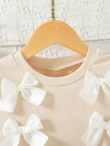 Girls' Casual Solid Color Bow Decor Short Sleeve Knee-Length Dress, Summer - Apricot - View 3