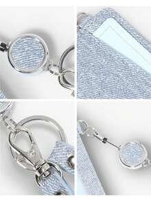 Business Casual Blue Denim Texture Transparent Window ID Badge Holder With Wrist Strap, Portable PU Leather Card Holder, Women's Style - Multicolor - View 5