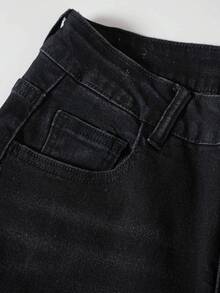 Women's Black Denim Wide Leg Pants, Button Decor, Long Casual Style, Medium Stretch Fabric, Comfortable All Day - Black - View 6