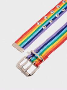 1pc Girls Rainbow Canvas Woven Belt, Cute Western Boho Punk Street Style Double-Row Eyelet Hollow Rainbow Belt, Y2K Belt For Girl, Matches Jeans And Dresses, Suitable For Parties, Music Festivals, School And Commuting - Multicolor - View 5