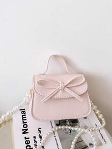 1 buah Tas Tangan Anak Perempuan Motif Pita Warna Polos Bahan PU dengan Penutup Magnet dan Tali Rantai Mutiara, Cocok untuk Penggunaan Sehari-hari di Semua Musim - A - View 11