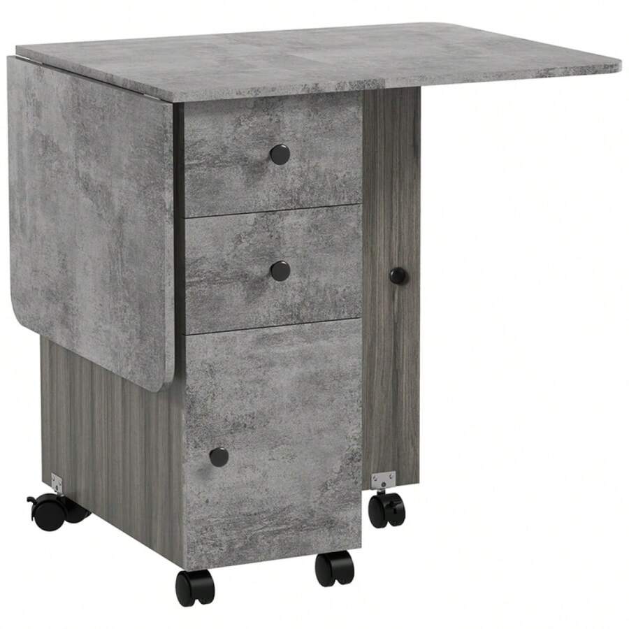 Multi-Storage Six-Person Drop Leaf Dining Table - White On-Site - Grey + Engineered Wood - View 1