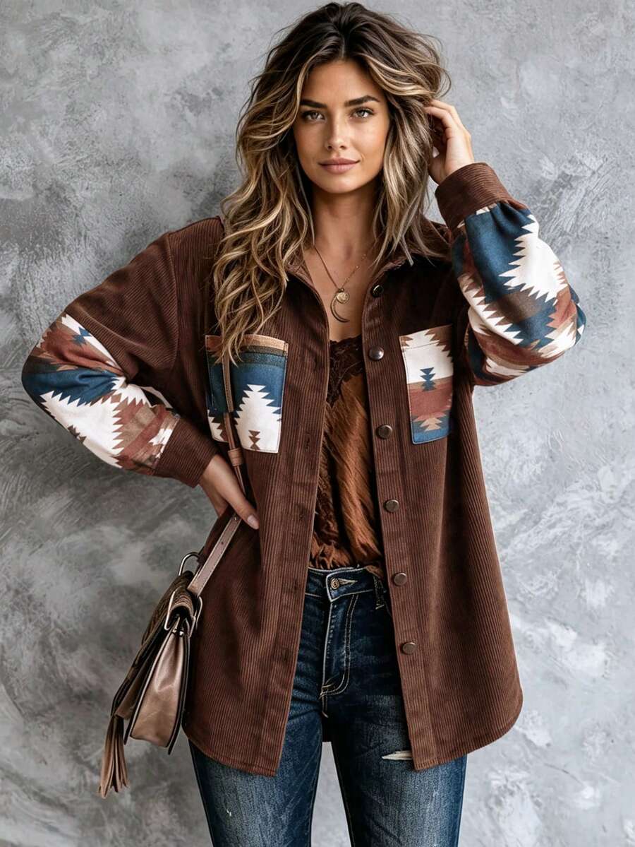 Women's Western Style Brown Corduroy Shacket, Print Patch Pocket Long Sleeve Jacket Suitable For Road Trips - Multicolor - View 1