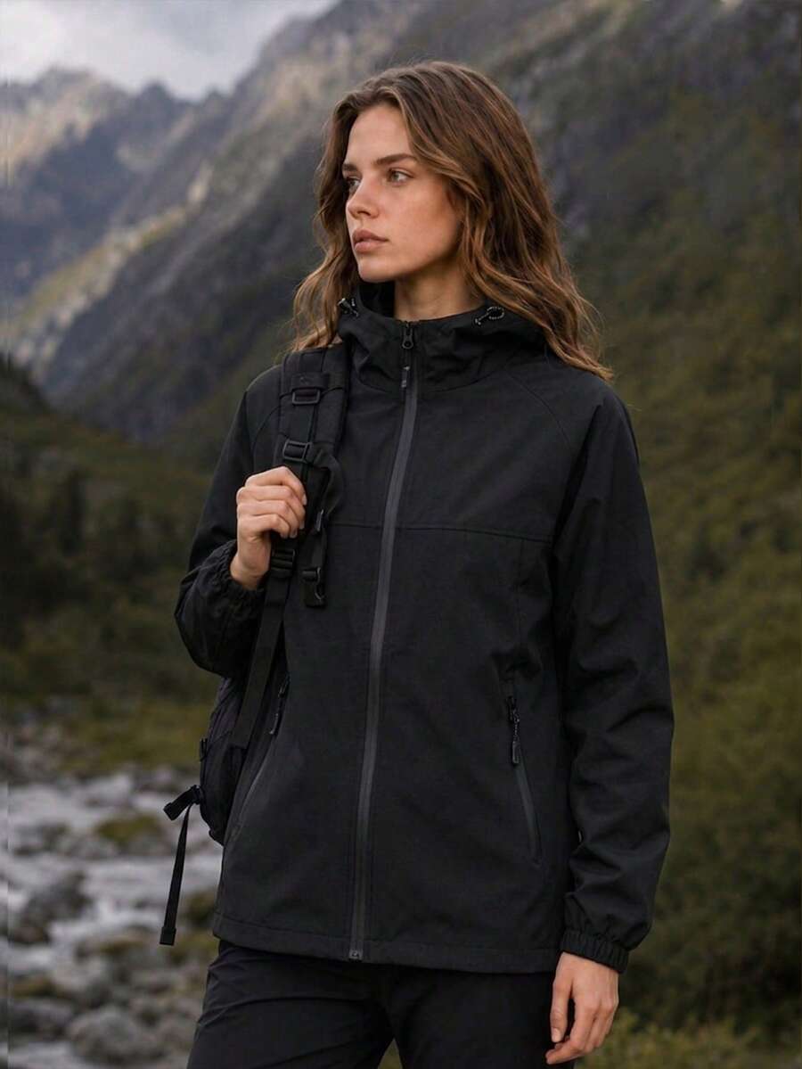 Women's Autumn Pure Black Zipper Hooded Jacket, Adjustable Drawstring Hood, Elastic Cuffs, Hiking Outdoor Jacket - Black - View 1