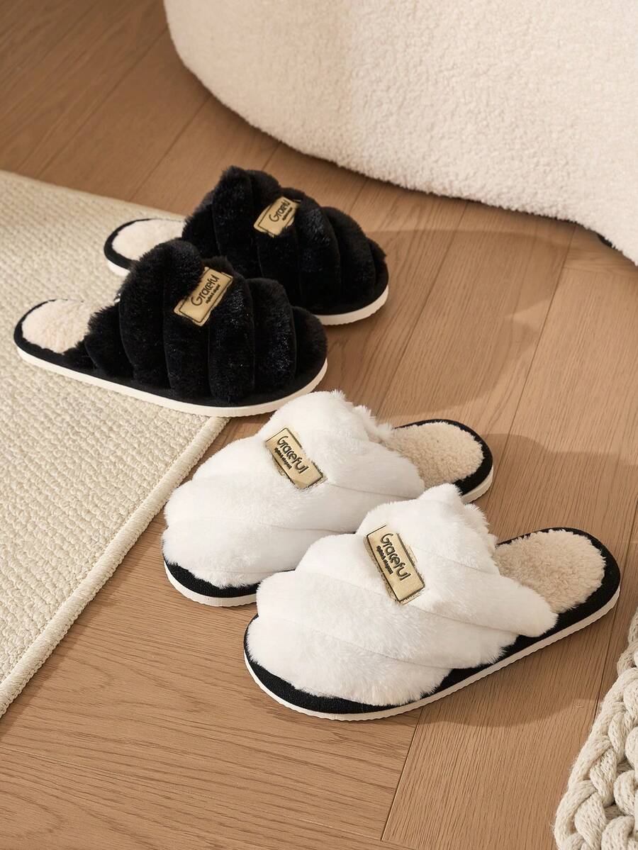 Luo Ge Color Block Patchwork Autumn/Winter Slippers, Unisex Indoor Home Slippers, Non-Slip, Warm, Comfortable, Slip-On Fuzzy Slippers - Grey - View 1