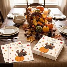 20/40/60pcs Thanksgiving Disposable Paper Napkins, 2-Ply Cartoon Turkey Pumpkin Maple Leaf Print Party Napkins, Suitable For Friendsgiving Party, Autumn Harvest Celebration, Baby Shower, Bridal Shower, 6.5*6.5 Inches - Multicolor - View 2