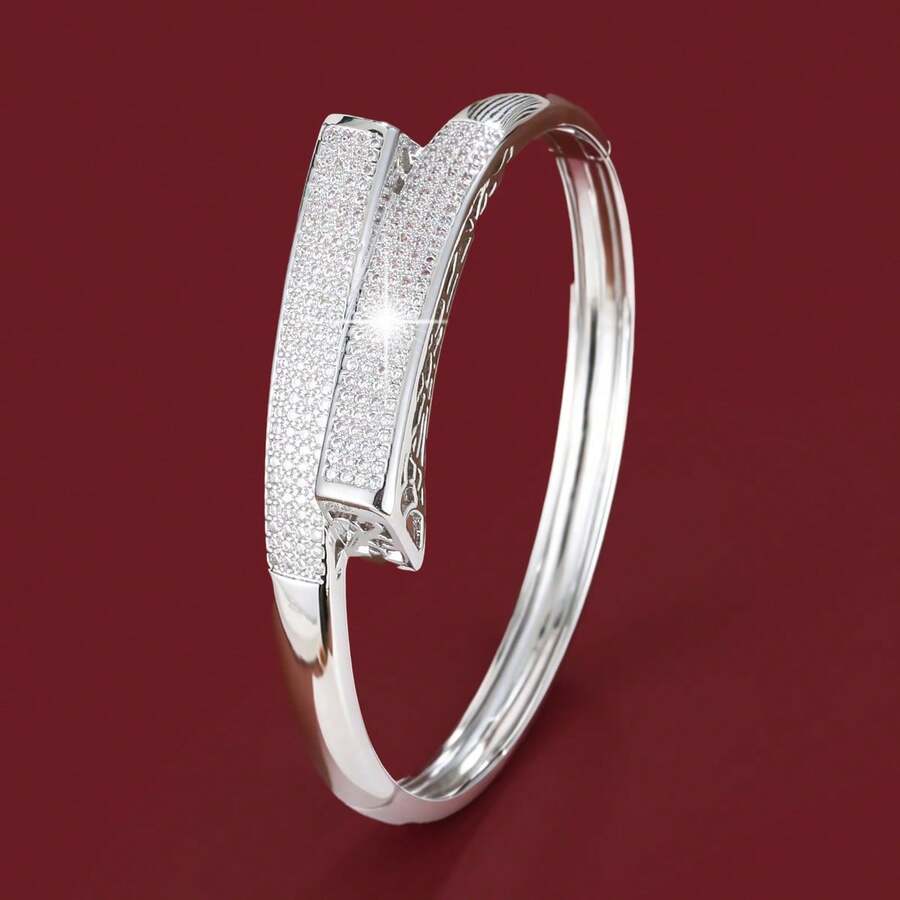 1pc Minimalist Geometric Crossover Design Cubic Bangle Bracelet With Cubic Zirconia For Women - Multicolor - View 1