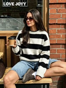 LOVE JOYY Women's Casual Colorblock Striped Crew Neck Knit Sweater, Soft Knit Top, Suitable For Autumn/Winter Daily Wear - Multicolor - View 4