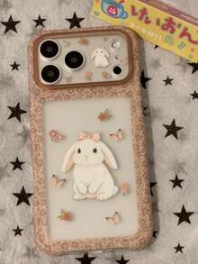 Korean Sweet Cute Pink Floral Rabbit Phone Case Compatible With Apple 17 Pro Max, 15 New 16 Pro Women's 13 Foldable Stand 15 Pro Leather Texture 14 Shockproof Protective Cover - Brown - View 3