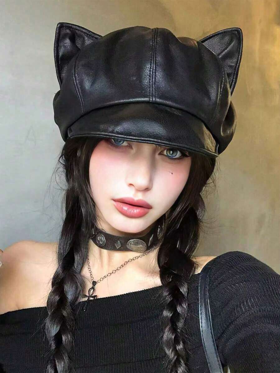 2pcs Women's Soft Comfortable Solid Color PU Cat Ear Cosplay Beret, Vintage Street Style, Suitable For Halloween Party, Travel And Daily Wear - Multicolor - View 1