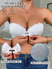 Women's Strapless Front Closure Lace Push-Up Underwire Bra, Backless Non-Slip Bandeau Lingerie, Heart-Shaped Cup Panty Set - White - View 1