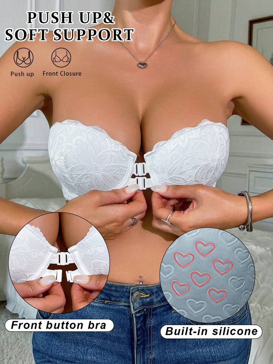 Women's Strapless Front Closure Lace Push-Up Underwire Bra, Backless Non-Slip Bandeau Lingerie, Heart-Shaped Cup Panty Set - White - View 1