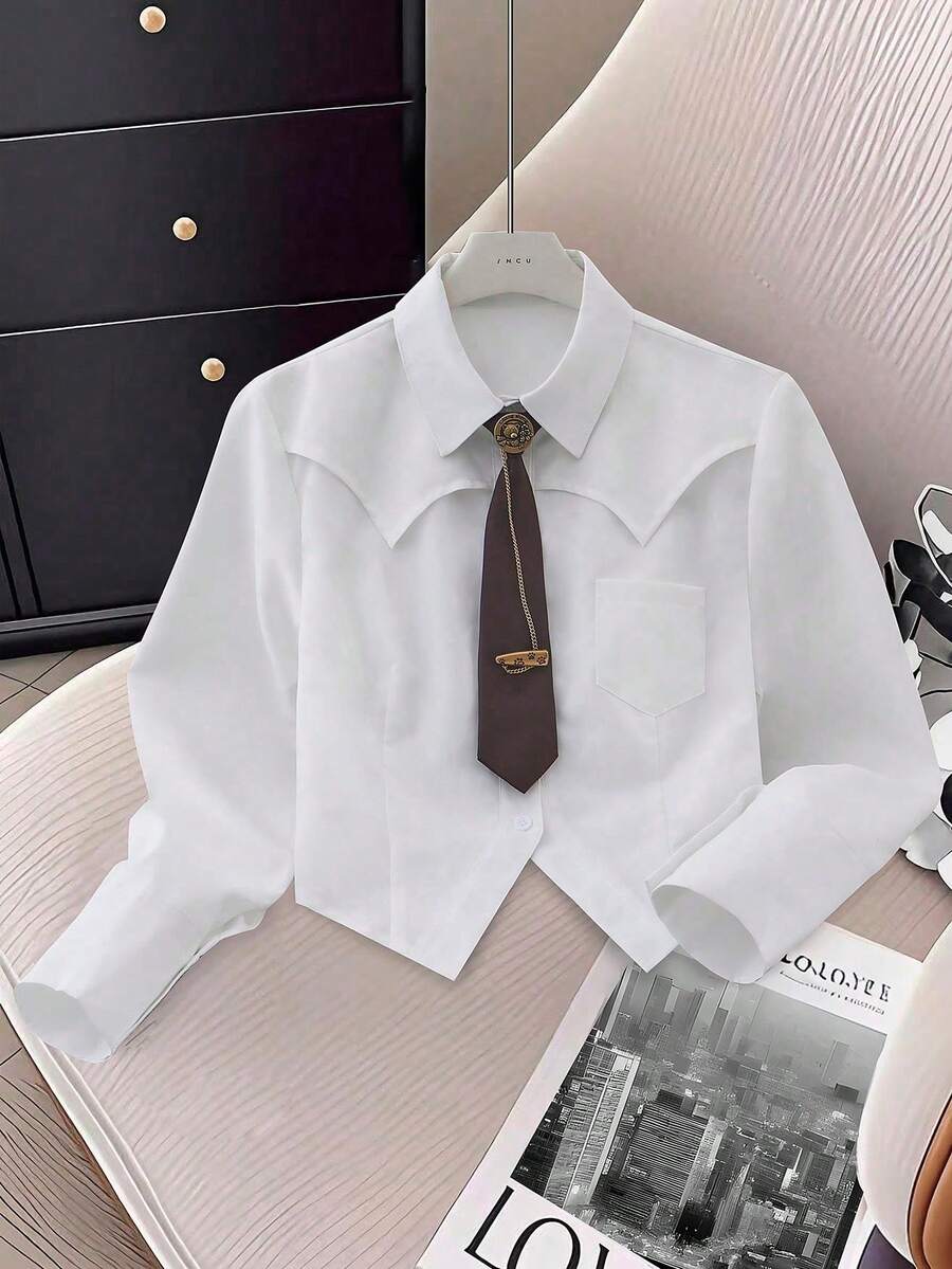 Vintage Inspired Women's Short Shirt With Long Sleeves, Striped Pattern, Shirt Collar, And Unique Asymmetrical Hem With Chain Accent White - White - View 1