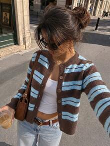 Women's Casual Striped Contrast Color Cardigan Sweater, Suitable For Leisure, Vacation, Daily Dates, Autumn/Winter - Multicolor - View 7