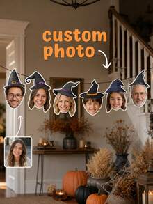 Custom Photo Face Cutout Banner, Halloween Witch Hat Face Photo Banner, Personalized Halloween Party Decoration, Custom Family And Friends Portrait Banner, Spooky Costume Party Decor, Halloween Celebration Photo Display, Gift For Family And Friends. - Multicolor - View 11