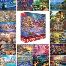 1000片拼图玩具，尺寸70厘米*50厘米，油画风景卡通图案，成人减压，装饰艺术品，适合万圣节、圣诞节、生日礼物 - 彩色 - 查看 2