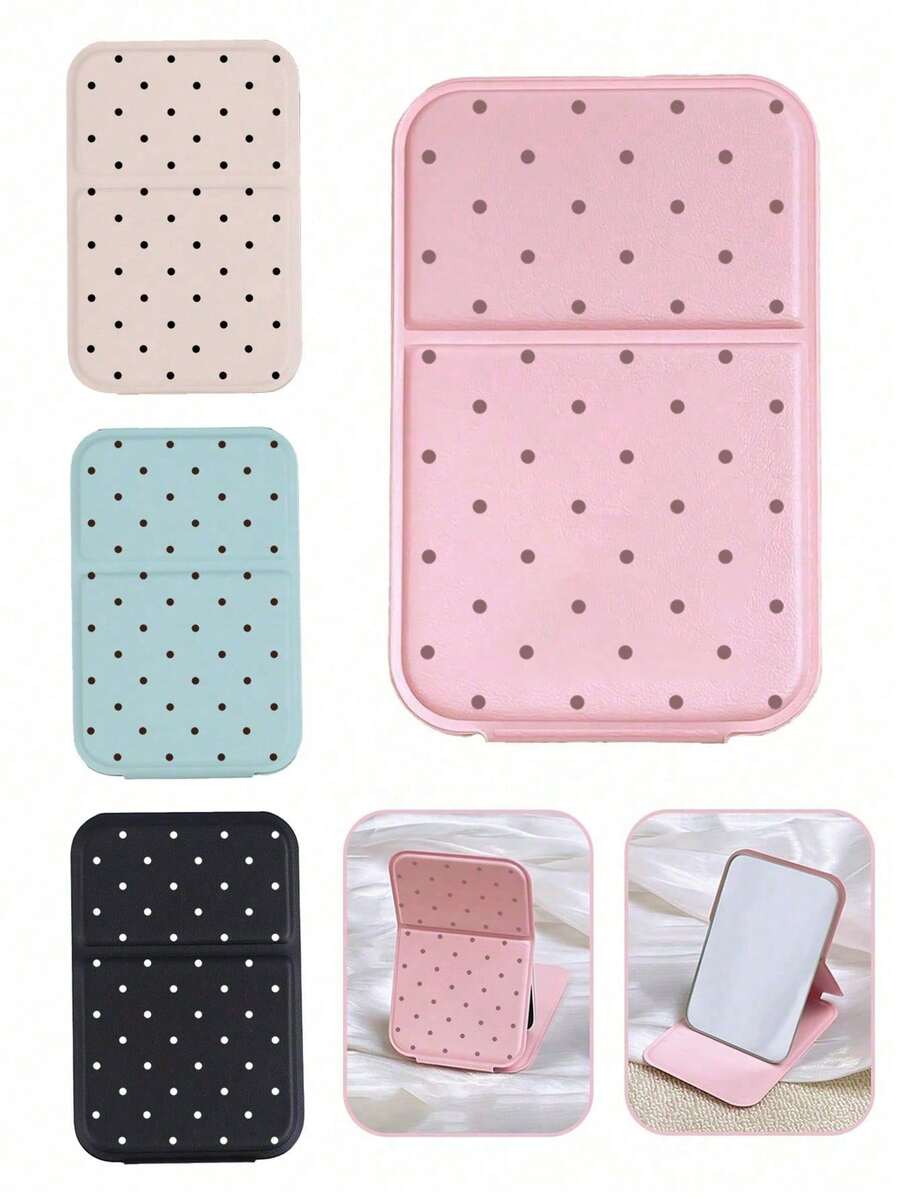 1/2pcs Polka Dot Mini Foldable Makeup Mirror With Stand, Rectangular Portable Desktop Makeup Mirror, Minimalist Style, Pink/Green/White/Black, Suitable For Travel And Daily Use, Back To School Essential, Ideal Gift For Friends, Family And Teachers