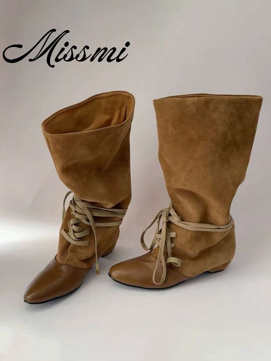 Autumn New Women's Black Low Chunky Heel High-Top Pointed Toe Leather Boots - Brown - View 1