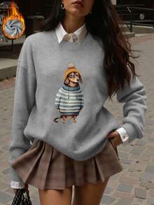 Women's Casual Fashion Warm T-Shirt With Christmas Happy Letter Print, Autumn/Winter - Light Grey - View 1