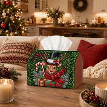 1pc Vintage Holiday Tissue Box | Multi-Functional Christmas Napkin Holder, Suitable For Home, Christmas Car Decor, Reindeer Top Hat Candy Cane Font - Seasonal Decorative Tissue Box For Living Room - Multicolor - View 15