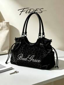 1pc New Women's Leopard Print Embroidered Letter PU Tote Bag, Drawstring Shoulder Strap Large Capacity Commuter Underarm Bag, Casual Daily Work Versatile Handbag Crossbody Bag - Black - View 4