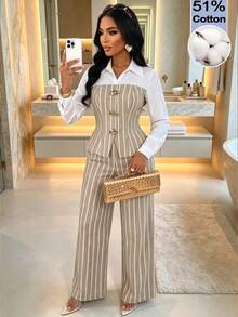 AIJ Elegant Cotton Contrast Color Lapel Long Sleeve Shirt + Vertical Striped Wide Leg Pants 2 Pieces Set, Khaki Women's Commute Daily Office Work Outfit - Khaki - View 5