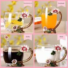 Decorative Enamel Sunflower Lead‑Free Crystal Glass Tea Cup & Spoon Set, Elegant Beverage Drinking Glassware - Transparent - View 6