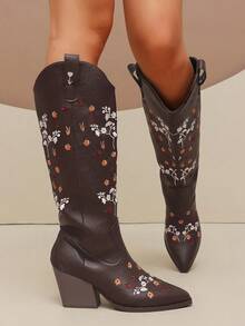 planare New Women's Popular Fashion Retro Western Style With Embroidered Floral Design Slip-On Pointed Toe Chunky Heel Brown Mid-Calf Boots - Brown - View 8
